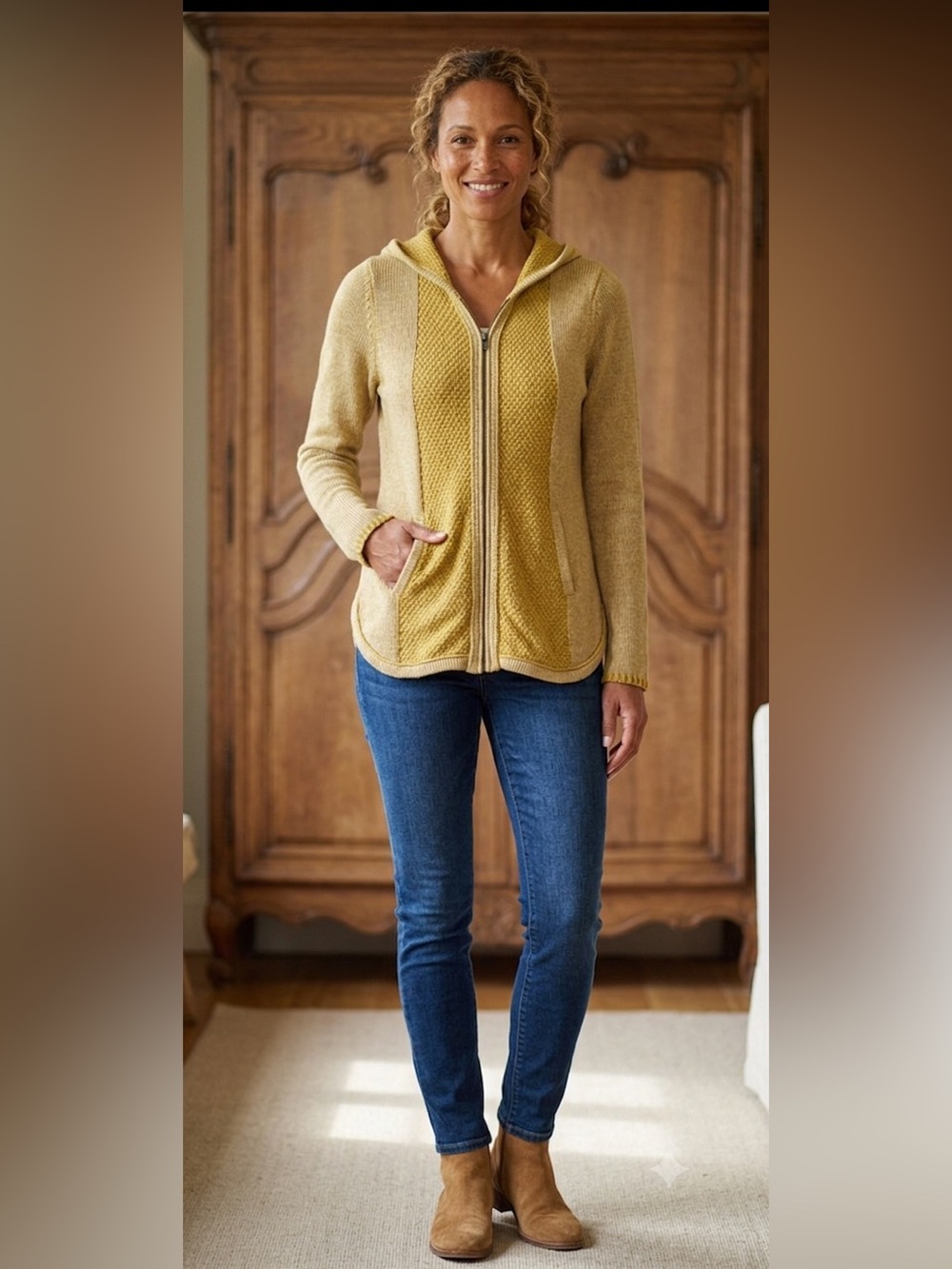 Anthropologie Sparrow Hooded Knitted Zip Up Sweater Yellow